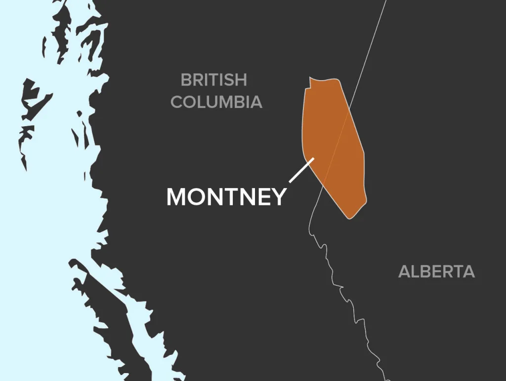 Map highlighting the Montney region spanning northeastern British Columbia and western Alberta in Canada.