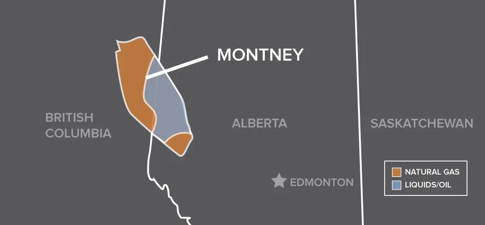 Map highlighting the Montney natural gas and oil resource area spanning northeastern British Columbia and northwestern Alberta in Canada.