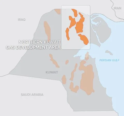 Map highlighting the Northern Kuwait Gas Development Area in orange within Kuwait and its surrounding countries.