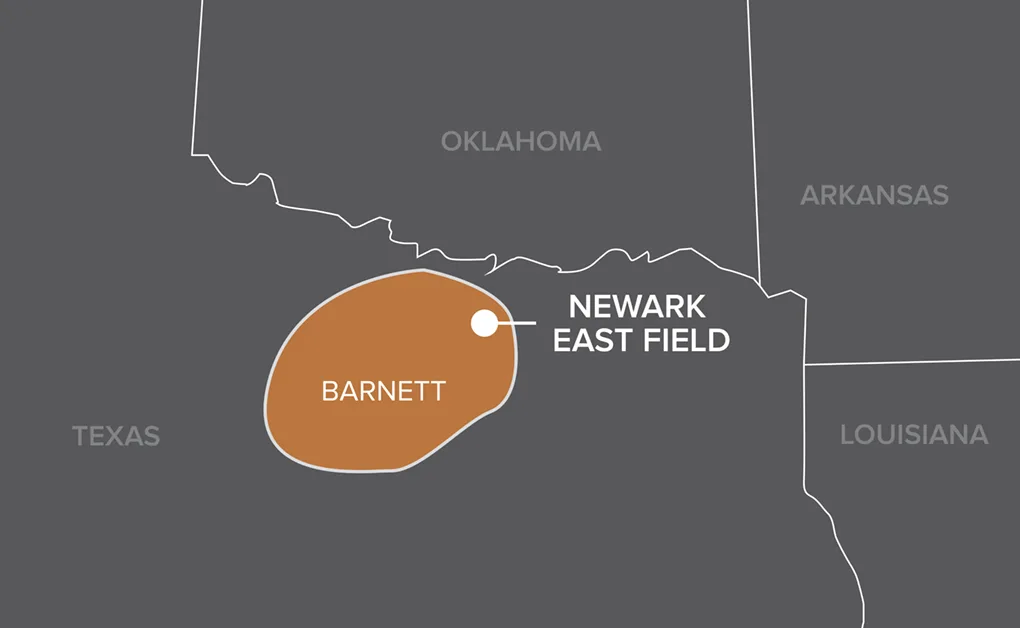 Map highlighting the Barnett shale area in northeastern Texas near the Newark East Field, with surrounding states Oklahoma, Arkansas, and Louisiana labeled.