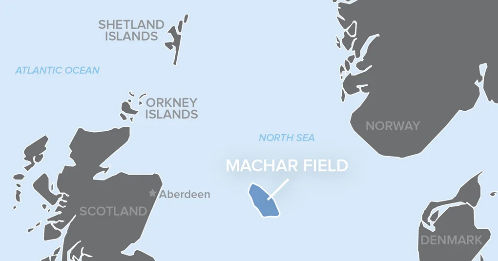 Map showing the location of the Machar Field oil and gas site northeast of Scotland in the North Sea, near the Shetland and Orkney Islands.