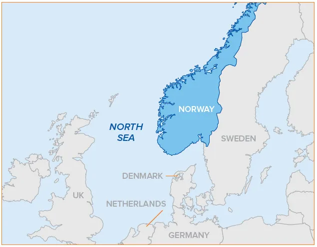 Map highlighting Norway and surrounding countries including Sweden, Denmark, Germany, and the Netherlands, with the North Sea labeled.