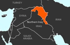 Map highlighting the Kurdistan region in northern Iraq, bordered by Turkey, Syria, Iran, and neighboring Middle Eastern countries.
