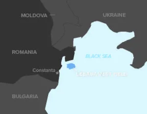 Map highlighting Romania and its borders with Moldova, Ukraine, Bulgaria, and the Black Sea.