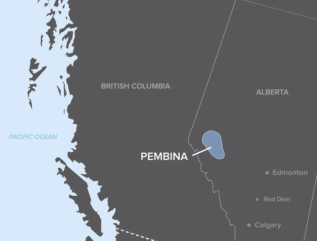 Map highlighting the Pembina oil field located on the border of Alberta and British Columbia, Canada.