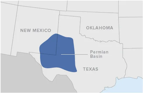 Map highlighting the Permian Basin region spanning western Texas and southeastern New Mexico.