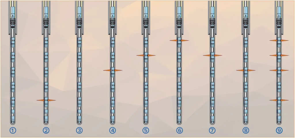 Image showing seven different types of transverse flutes lined up vertically against a plain background.