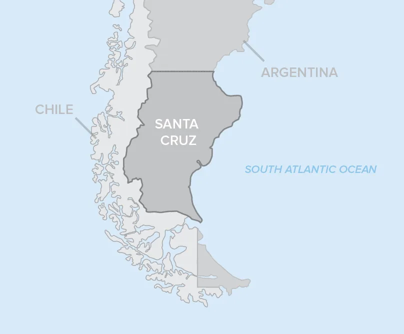 Map highlighting the Santa Cruz province in southern Argentina, bordered by Chile and the South Atlantic Ocean.