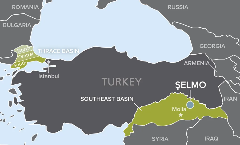 Map highlighting the Southeast Basin region in Turkey and the location of Selmo near the Turkey-Syria border.