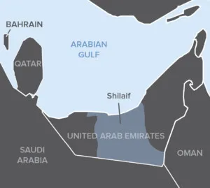 Map highlighting the United Arab Emirates and its neighboring countries including Saudi Arabia, Oman, Qatar, and Bahrain, with the Arabian Gulf labeled.