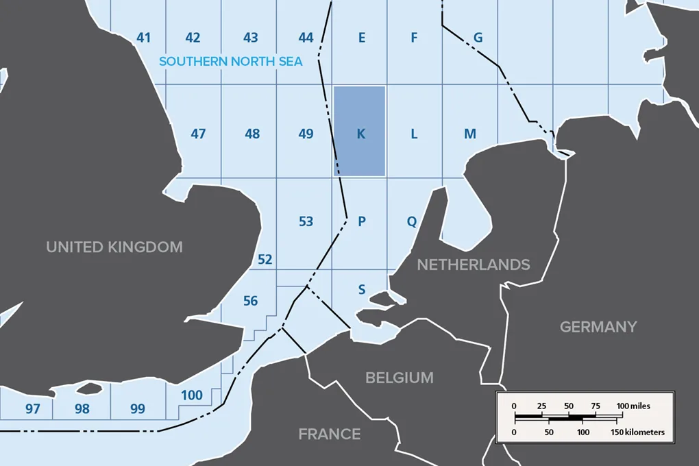 Map showing the southern North Sea region including the United Kingdom, Netherlands, Belgium, Germany, and France with numbered sea sectors marked.