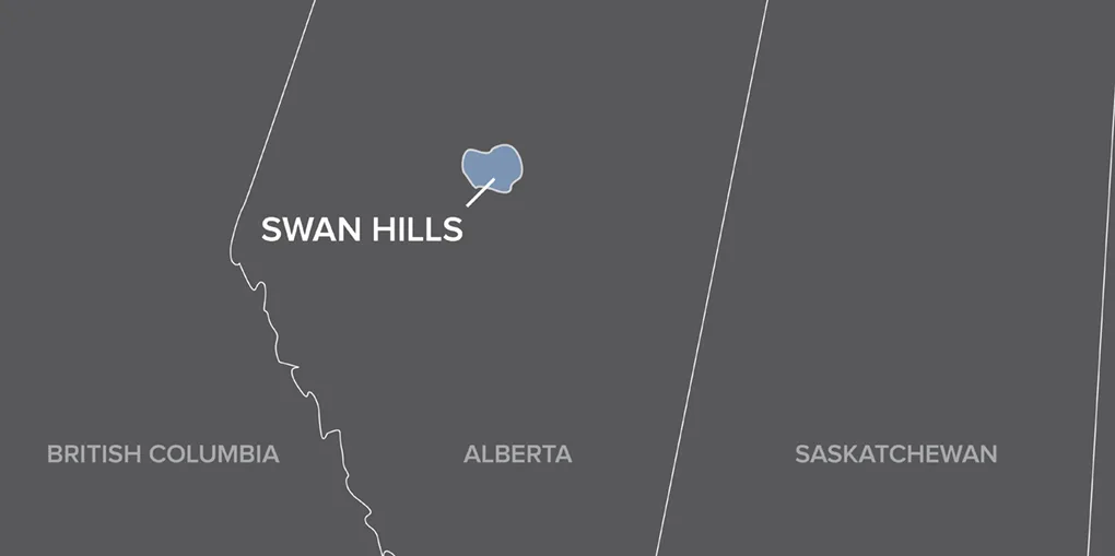 Map showing the Canadian provinces of British Columbia, Alberta, and Saskatchewan, with a heart icon marking the location of Swan Hills in Alberta.