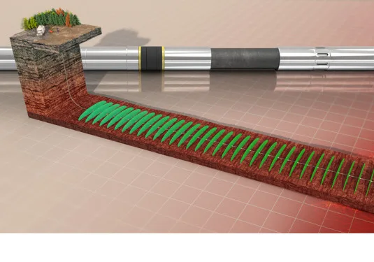 Cross-sectional illustration of a horizontal drilling rig with a drill bit penetrating underground layers, showing the drill path through soil and rock strata.