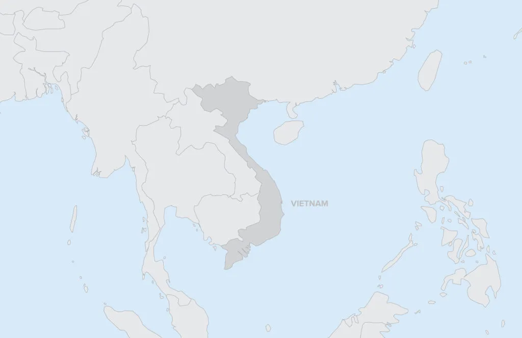 Map highlighting the country of Vietnam in Southeast Asia, surrounded by neighboring countries and bodies of water.