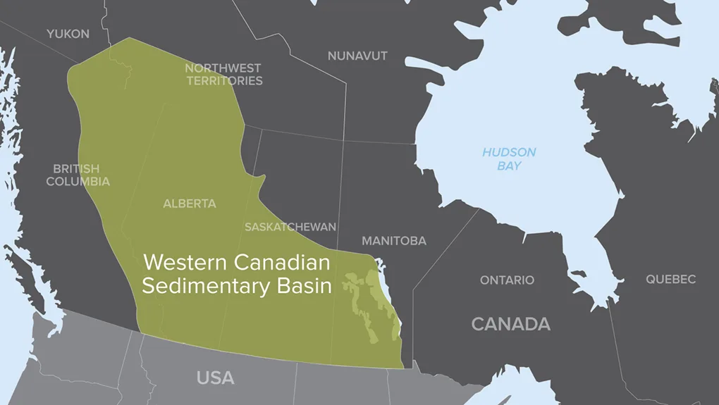 Map highlighting the Western Canadian Sedimentary Basin, spanning parts of Alberta, Saskatchewan, and Manitoba in Canada.