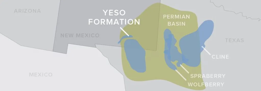 Map showing the Yeso Formation and surrounding areas, including the Tucumcari Basin, Llano Estacado, and Rattlesnake Hills, highlighting geographic and geological features.