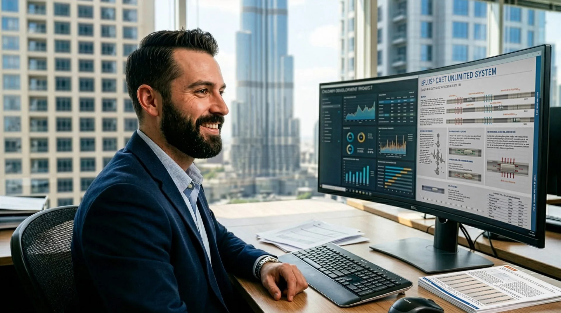 Man in business attire working on financial data analysis displayed on dual computer monitors in a modern office with city skyline view.